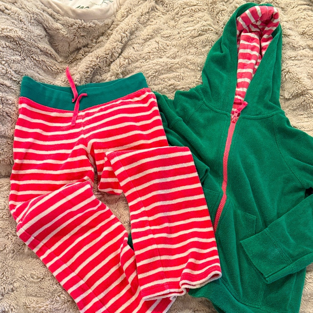 Mini Boden Green & Pink Terry  Hoodie and bottoms. VGUC